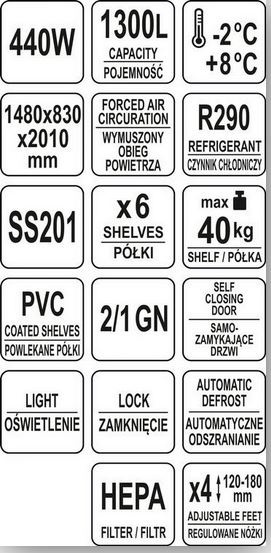 Szafa chłodnicza 1300 L Yato YG-05210 dwudrzwiowa, stal nierdzewna Szafa chłodnicza 1300 L Yato YG-05210 dwudrzwiowa, stal nierdzewna