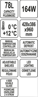 Witryna chłodnicza ekspozycyjna 78 L oświetlenie LED srebrna Yato