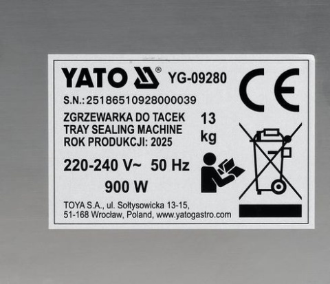 Zgrzewarka do tacek gastronomicznych YG-09280 , profesjonalne pakowanie dań YATO