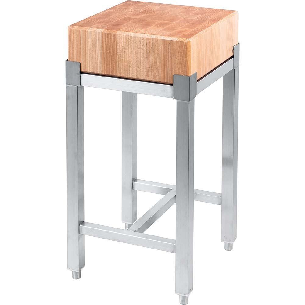 Kloc masarski drewniany 400x400x800 mm na podstawie ze stali nierdzewnej Kloc masarski drewniany 400x400x800 mm na podstawie ze stali nierdzewnej